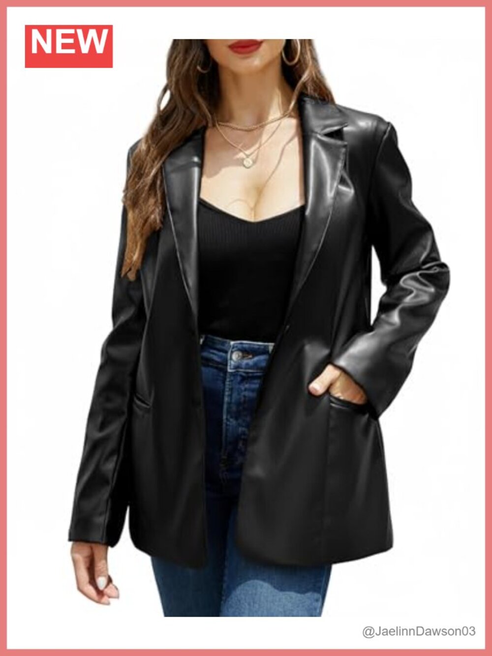 Faux Leather Blazer Jacket Single-Breasted PU Coat Notched Lapel